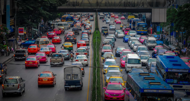 Inner city traffic of Bangkok with its colorful cars