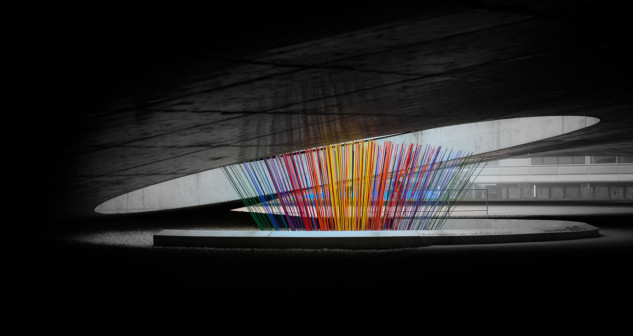 Colorful sticks under the Rolex Learning Center at EPFL