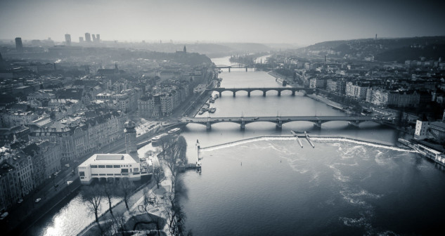 Drone shot of the Vltava river with its multiple bridges